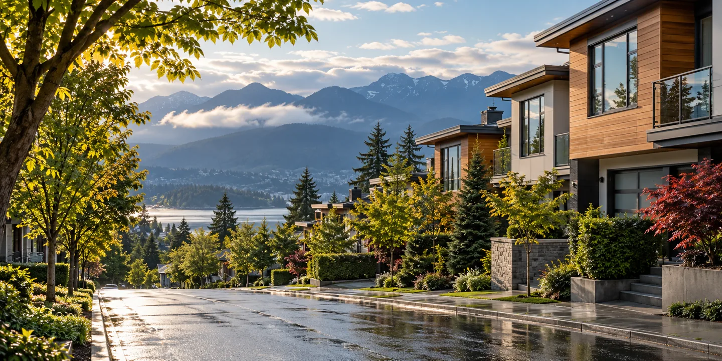 Tree-lined Metro Vancouver homes with mountains in the distance